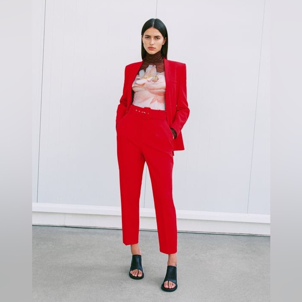 Zara pants with fabric-covered belt high-waisted trouser red